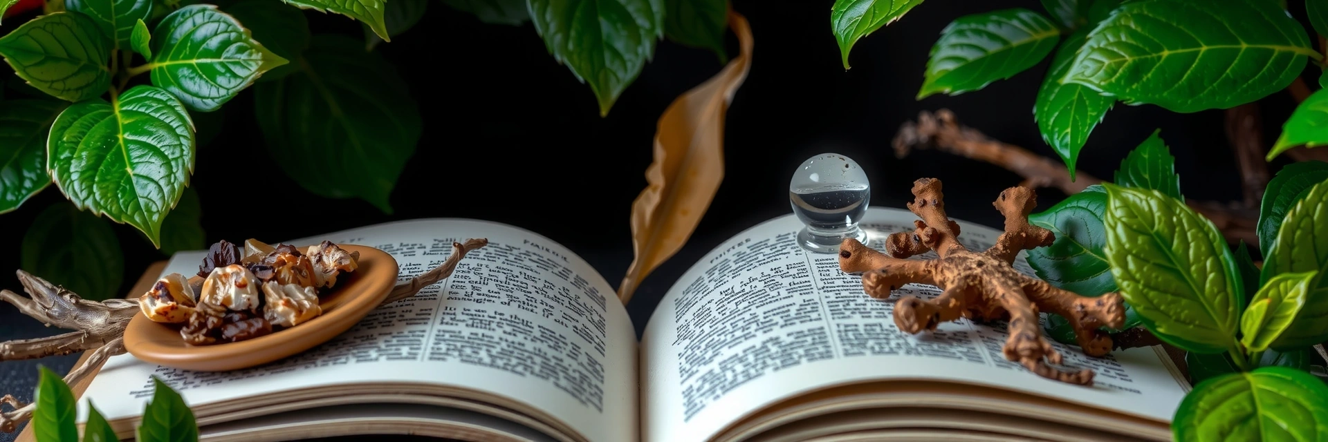 Libro abierto con elementos naturales simbolizando conocimiento y investigación