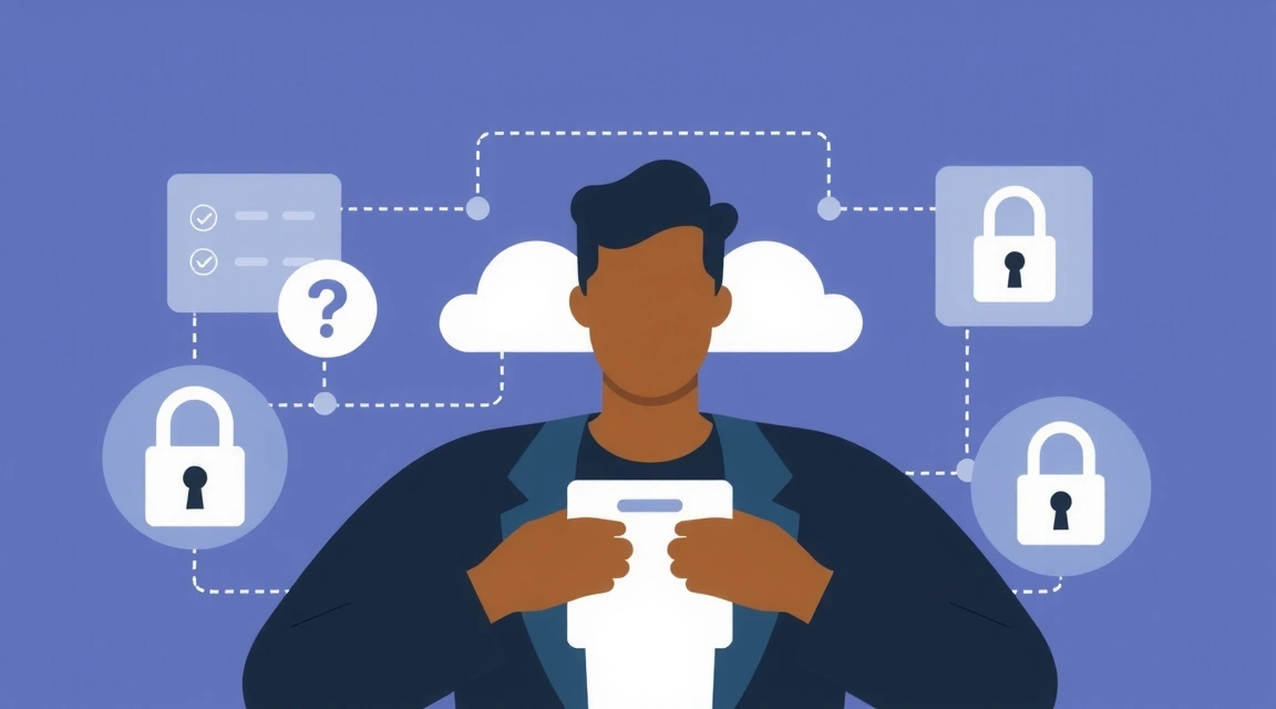 Ilustración de una persona protegiendo sus datos personales en un entorno digital seguro.